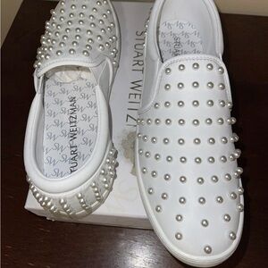 Stuart Weitzman Pearl Studded White Sneakers